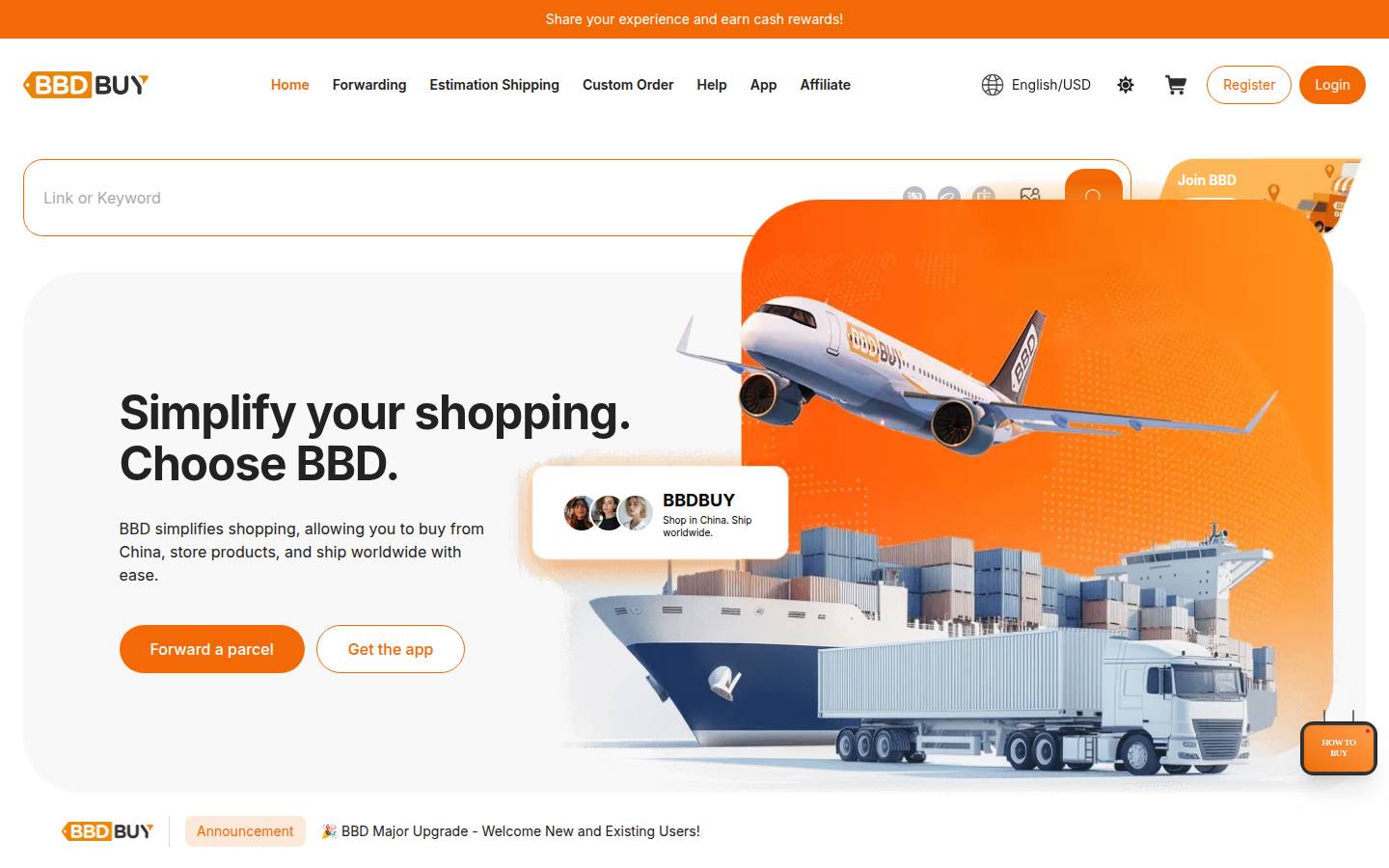Homepage ufficiale BBDBuy: tag BBD arancione, ricerca, forwarding e estimation nel menu